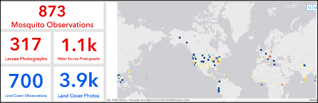 Challenge dashboard: 873 mosquito observations with 317 larvae photos and 1,100 habitat photos and 700 land cover observations with 3,900 land cover photos.