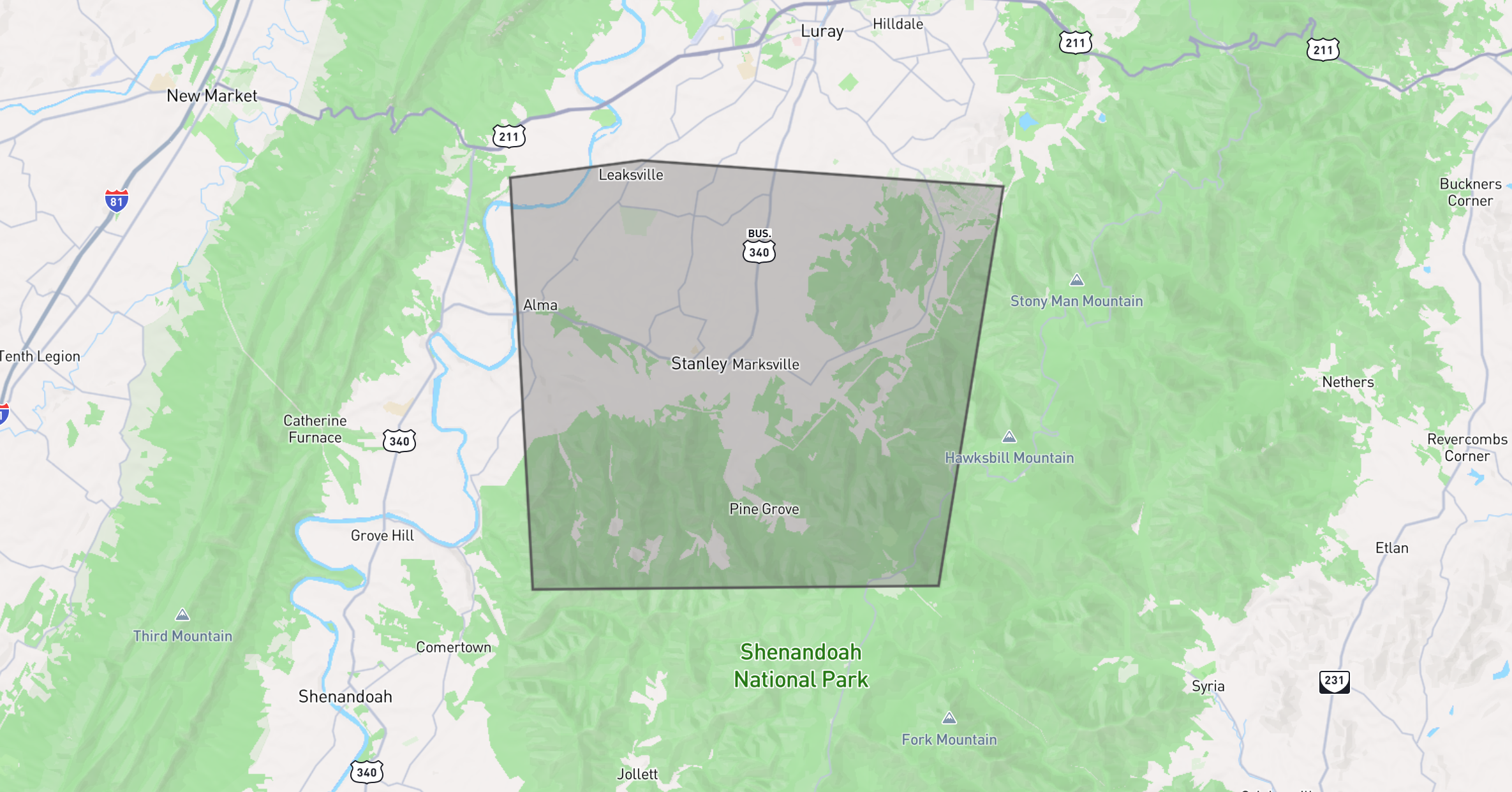 A map showing a box around Stanley, Virginia, including portions of Shenandoah National Park.