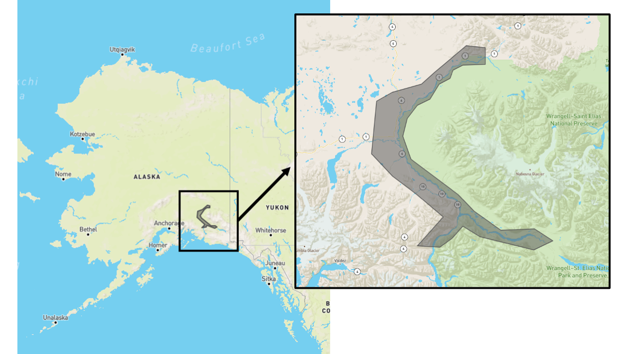 Map showing the location of the region of interest in southeast Alaska, and zooming in on the specific area around the rivers targeted for data collection.