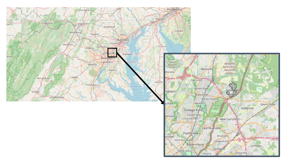Maps showing the region of interest for the Mosquito Observers of Greenbelt project. The first map includes the entire state of Maryland, with a box outlining the inset region between Washington, D.C. and Baltimore. The inset zooms in on the area, outlining the Greenbelt Homes, Inc. portion of the City of Greenbelt.