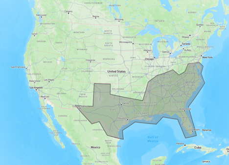 Map of the United States with a region in the south and southeast outlined.