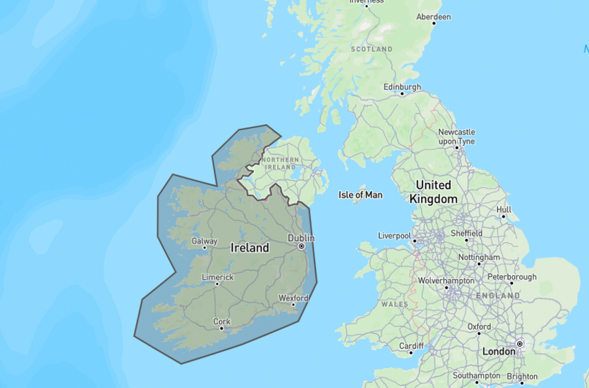 Map depicting Ireland and the United Kingdom, with a gray shape outlining Ireland.