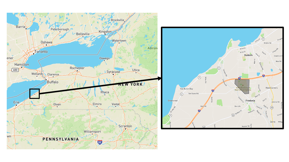 Area of interest for this project, the campus of SUNY Fredonia in western New York, not far from Lake Erie