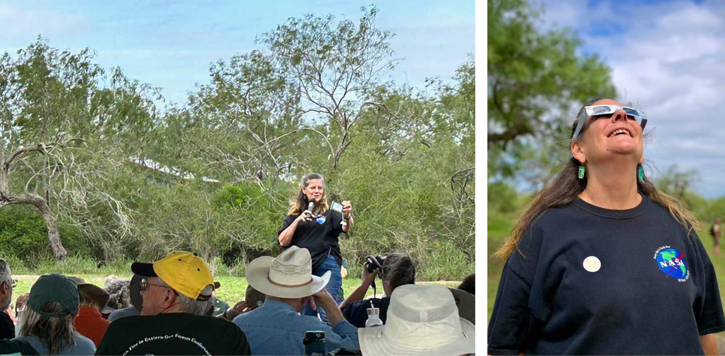 Left: Dorian Janney holds a microphone and a digital thermometer standing in front of a crowd of adults listening. Right: Dorian wears solar viewing glasses as she angles her neck up to look at the Sun during the eclipse. She has a happy smile on her face.
