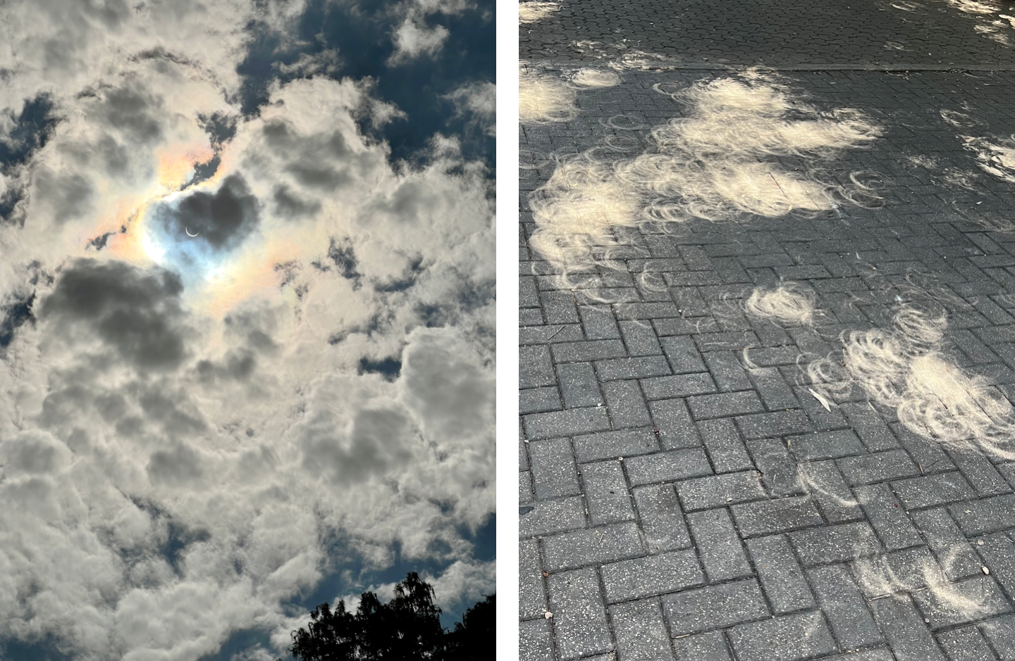 Left: A layer of clouds with a small gap allowing the crescent of a partial eclipse to be visible. Right: Many overlapping crescents of a partial eclipse filtering through leaves and visible on a walkway of herringbone pattern bricks.