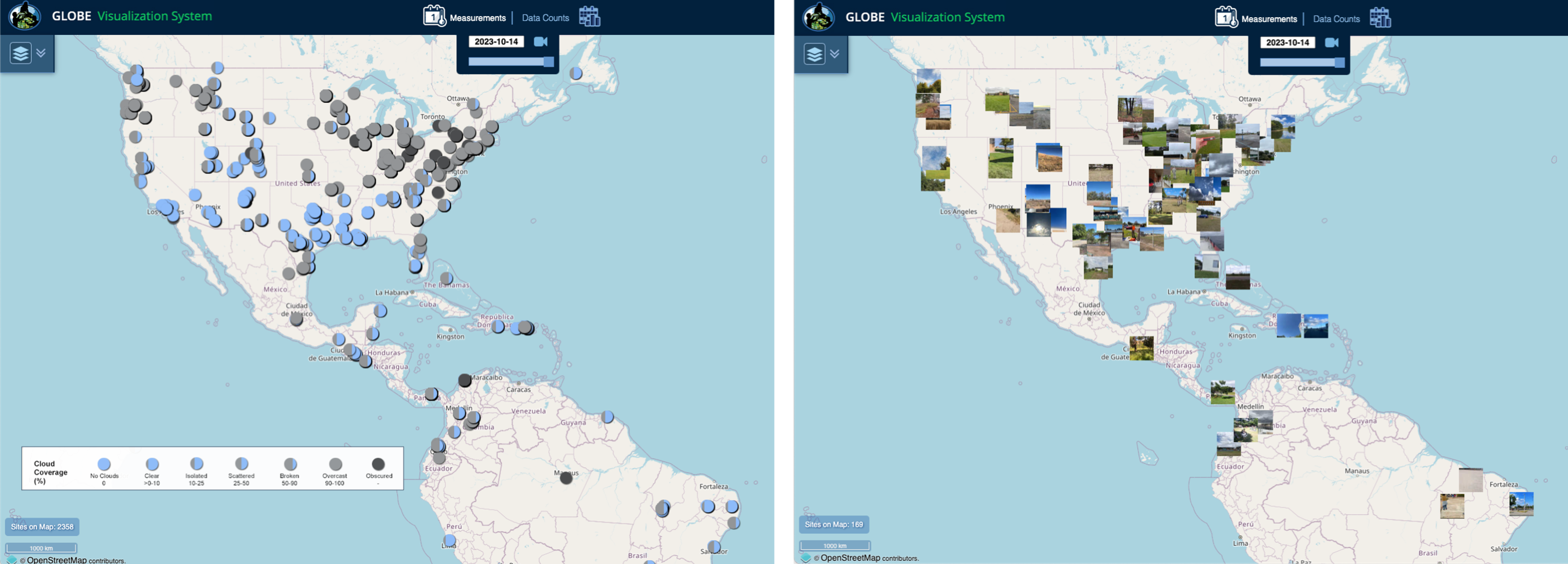 Two maps showing the region of North America, Central America, and the northern part of South America. On the left is a display of circles showing total cloud cover percentages for 14 October 2023, and on the right thumbnail images of photos submitted with land cover observations on the same day.