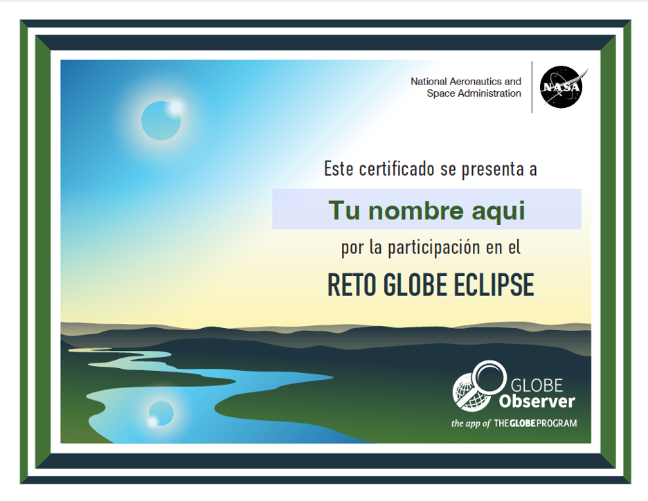 Imagen de un certificado para el Reto GLOBE Eclipse, que muestra un paisaje con un eclipse solar total en el cielo y reflejado en el agua del suelo.