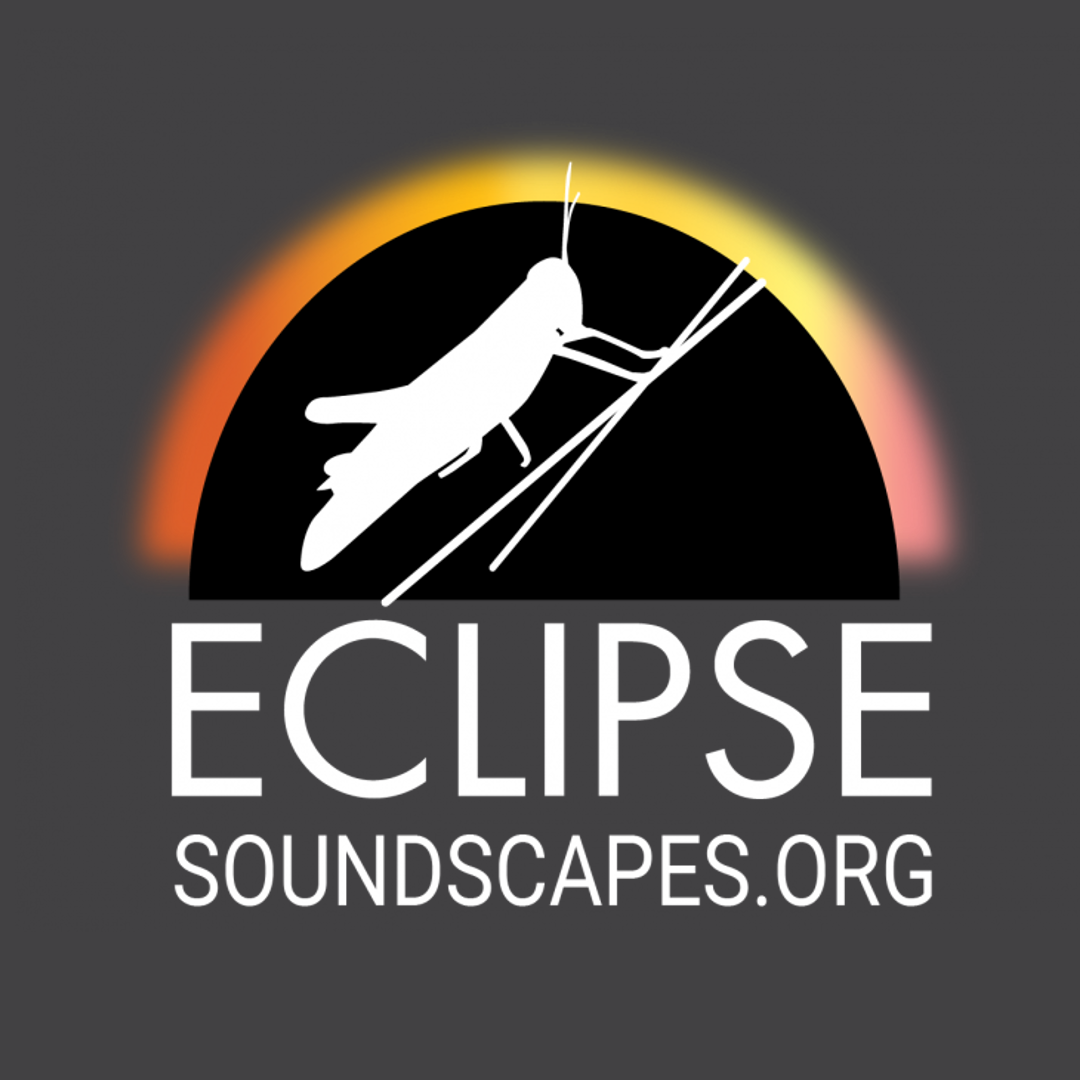 Logo for the Eclipse Soundscapes project, a grasshopper on a twig in front of a representation of an eclipsed Sun.