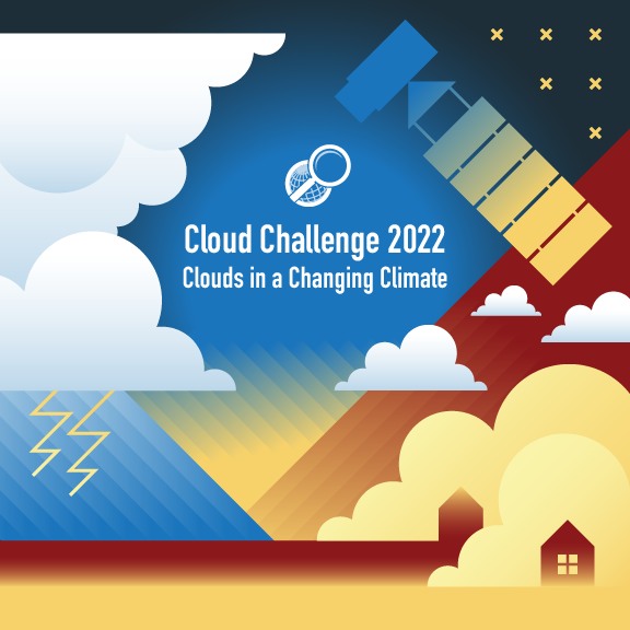 Graphic for the Cloud Challenge 2022: Clouds in a Changing Climate, with images of clouds and a lightning storm, dust near the group, a stylized representation of the Sun's energy hitting the surface, and a satellite surveying it all.