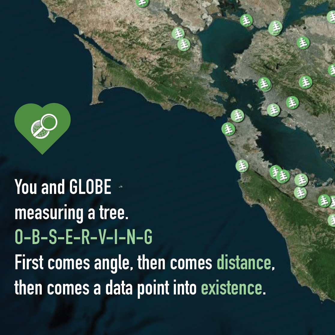 "You and GLOBE, measuring a tree, O-B-S-E-R-V-I-N-G. First comes angle, then comes distance, then comes a data point into existence," with a map showing tree height data points in the background.