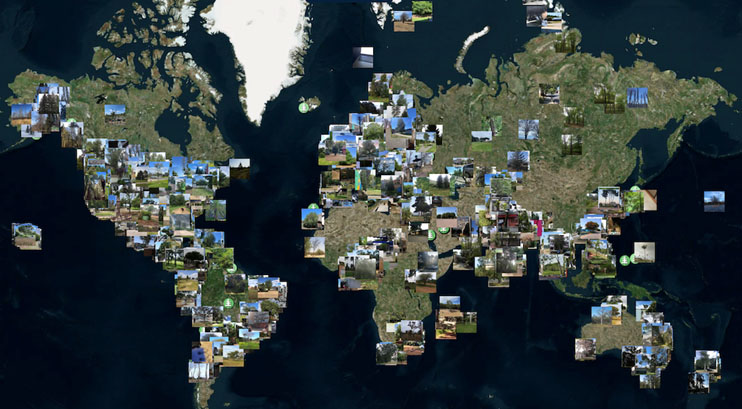 A map of the world on a dark background, with the land masses showing different vegetation by color. Over the top are thumbnail images representing data points collected by GLOBE volunteer scientists.