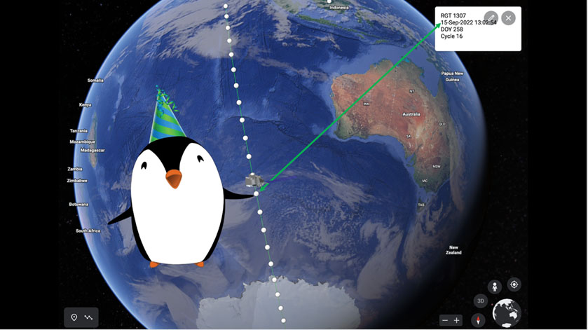 An image of the Earth with the dotted line of the ICESat-2 satellite path extending from north to south. An arrow points to the exact dot that represents the satellite's location on its four year anniversary, which is in the Indian Ocean southwest of Australia. The cartoon character of Paige the Penguin wearing a party hat points at the dot as well.