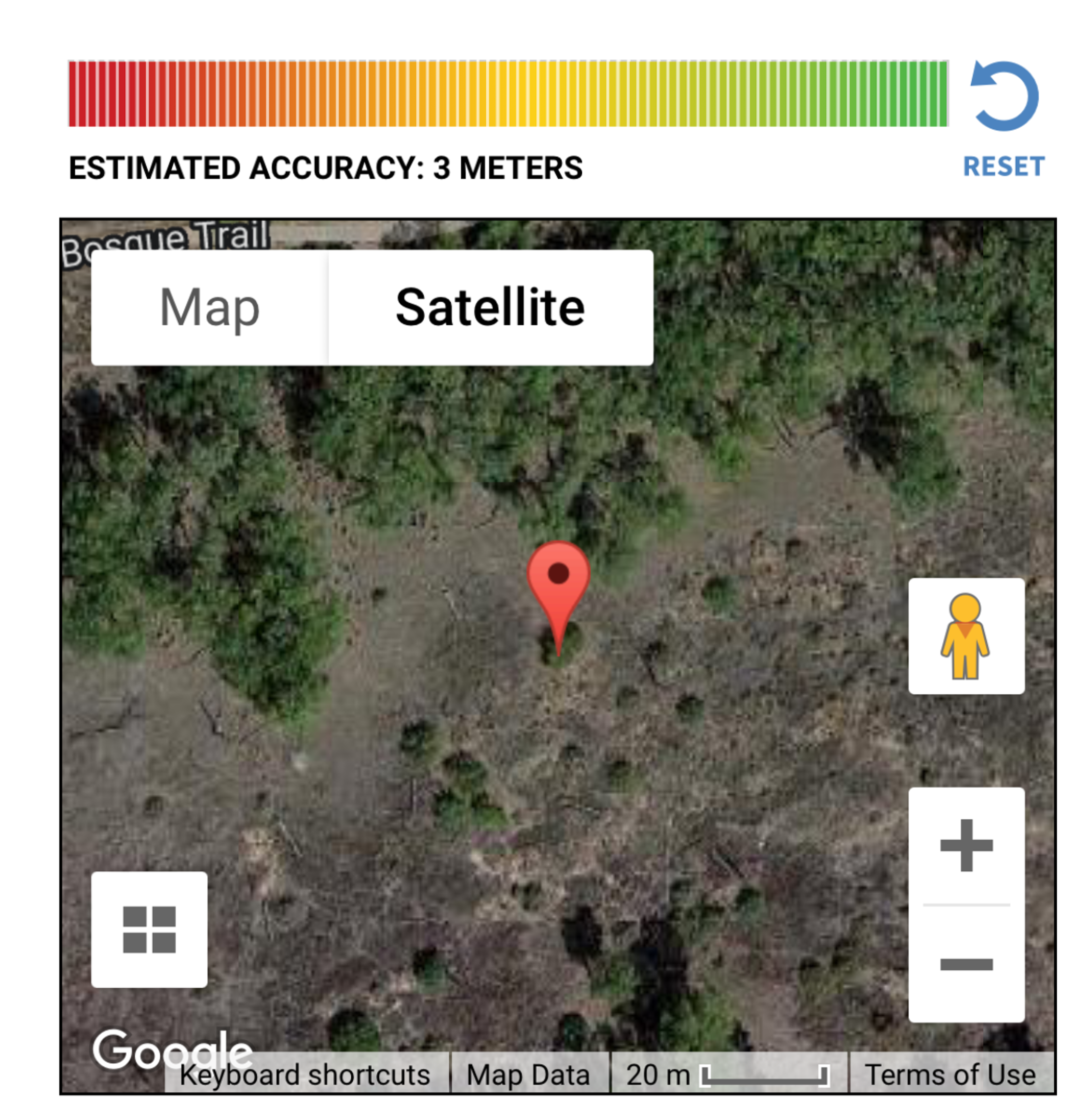 A screen from the app showing the estimated accuracy bar and a the value of 3 meters, above a map with a satellite image background and a pin marking a particular tree being measured.