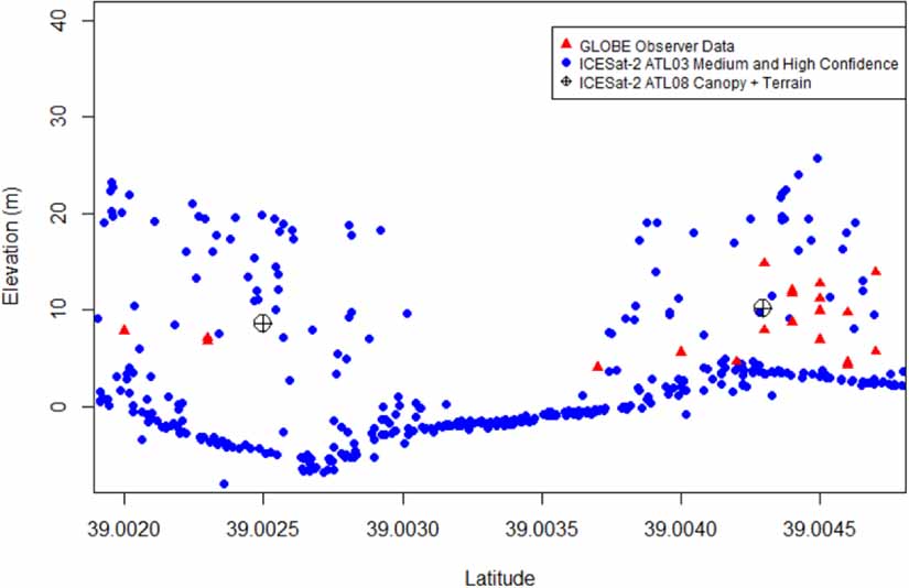 A plot from the paper showing the elevation in meters of data points for tree height from the ICESat-2 satellite and ground observations using the GLOBE Observer app. 