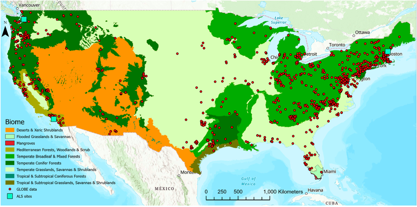 Map showing the continental U.S. colored in various shades of green and orange representing different biomes.