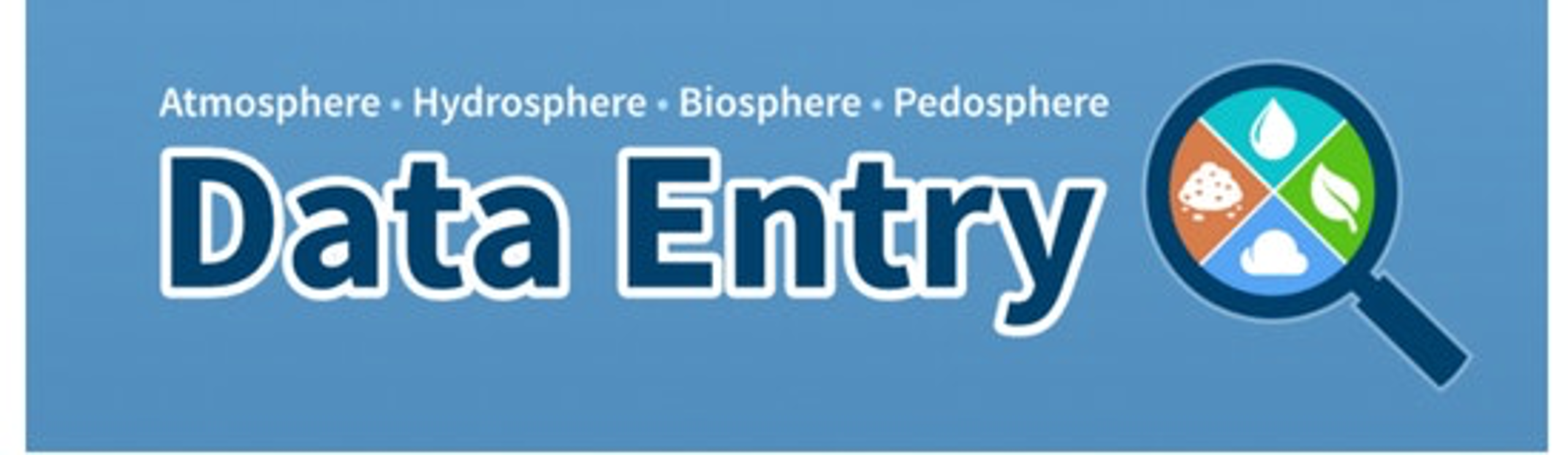 A blue banner with a drawing of a magnifying glass on the right side. Inside the magnifying glass are a water drop, a mound of soil, a cloud, and a leaf. Large text in the center of the banner reads “data entry.” Small text across the top of the banner reads atmosphere, hydrosphere, biosphere, pedosphere.