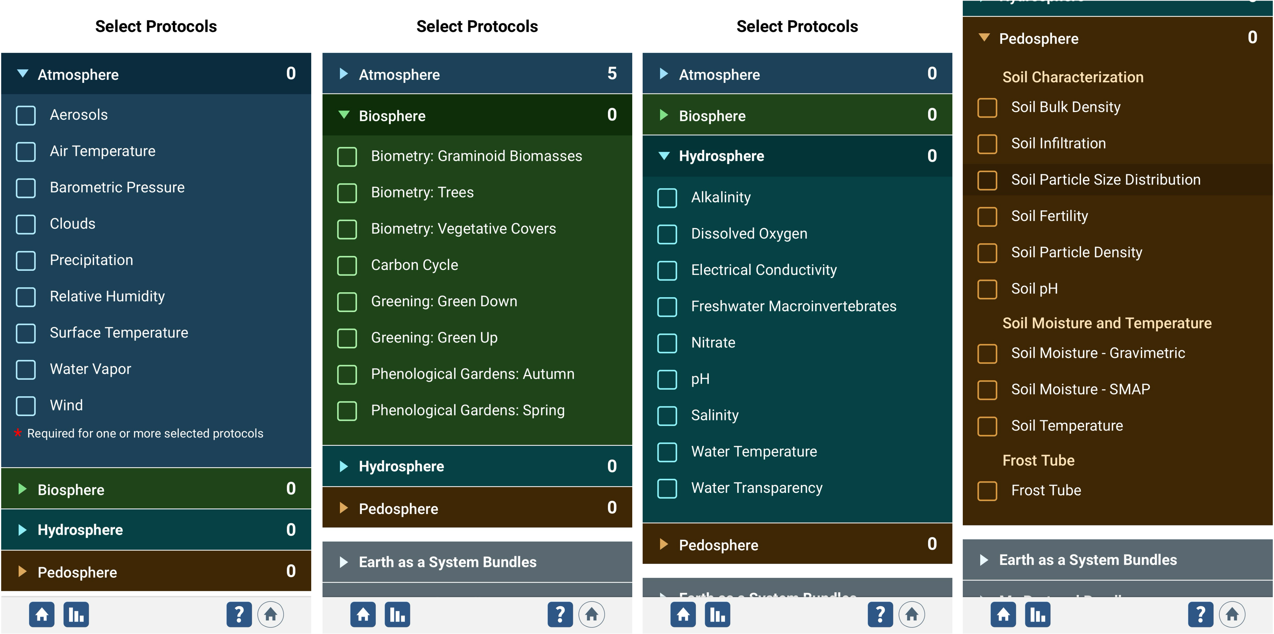 Four screenshots from the GLOBE Observer app shows the protocols available under each sphere through GLOBE Data Entry. The first shows atmosphere protocols: aerosols, air temperature, barometric pressue, clouds, precipitation, relative humidity, surface temperature, water vapor, and wind. The second screenshot shows a selector list of biosphere protocols: biometry: graminoid biomasses, biometry trees, biometry vegetative covers, carbon cycle, greening green down, greening green up, phenological gardens autumn, phenological gardens spring. The third screenshot shows the selector list for hydrosphere protocols: alkalinity, dissolved oxygen, electrical conductivity, freshwater macroinvertebrates, nitrate, pH, salinity, water temperature, water transparency. The fourth screenshot shows the selector list for pedosphere protocols divided into three categories. Under the first category, soil characterization is soil bulk density, soil infiltration, soil particle size distribution, soil fertility, soil particle density, and soil pH. Under the second category, soil moisture and temperature is the selector list for soil moisture gravimetric, soil moisture SMAP, and soil temperature. Under the third category, frost tube, is the selector for the frost tube protocol. 