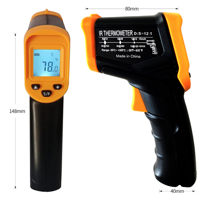 View of an infrared thermometer, showing the data display screen as well as a side view.