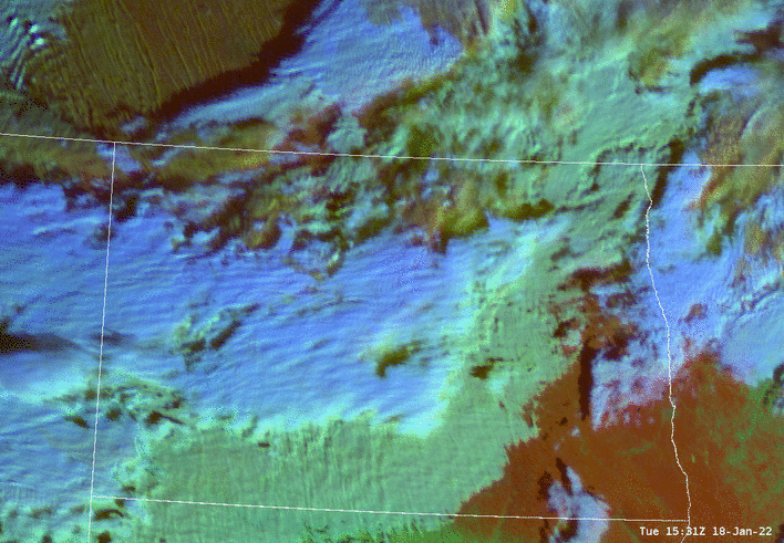 An animation showing a series of satellite images during a blowing snow event over North Dakota. Streaks of snow blow from top left to bottom right.  