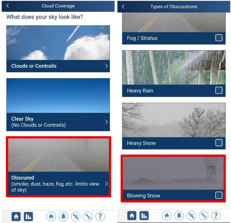 Two screenshots of the GLOBE Observer app. The first shows the sky conditions page in the Clouds tool with "obscured" highlighted. The second screenshot shows the obscuration options with "blowing snow" highlighted. 