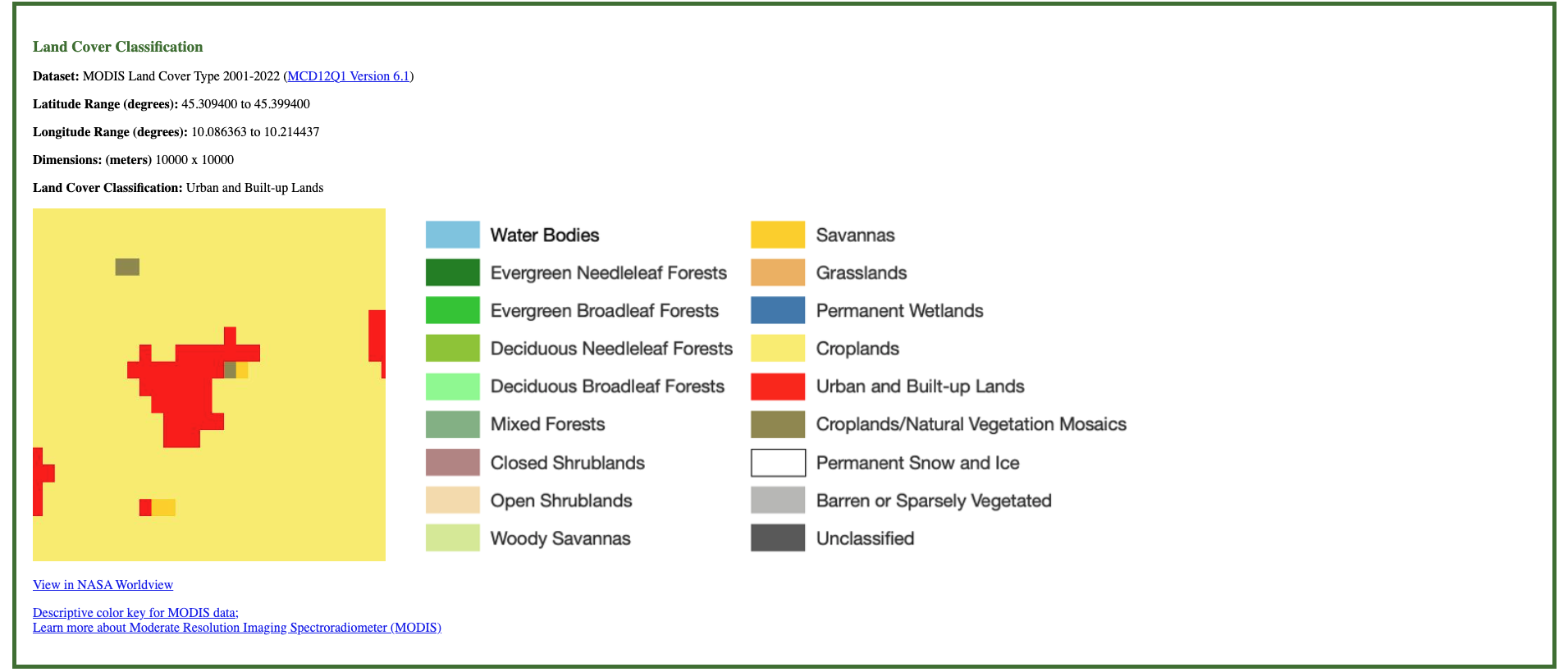 A screenshot showing a MODIS land cover classification map in the GLOBE land cover satellite comparison table. 