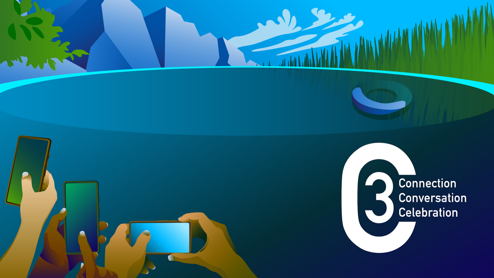 Graphic showing a landscape of a lake and mountains in the background, and hands holding phones in the lower left.