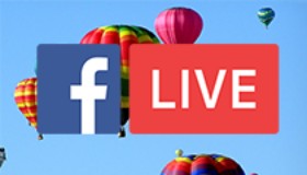 A sky filled with hot air balloons with the Facebook Live logo superimposed on top.