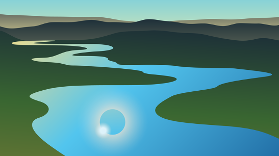 A drawing showing an eclipse Sun in a clear blue sky over a green hills. A river on the left side of the image reflects the eclipsed Sun.