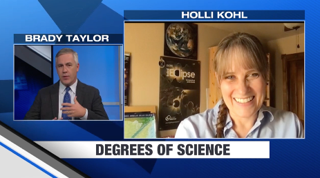 A news anchor, Brady Taylor, interviews Holli Kohl for the segment Degrees of Science
